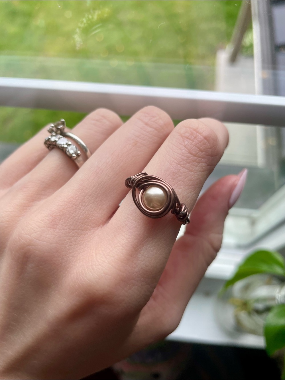 Handcrafted Copper Wire Ring with Champagne Pearl